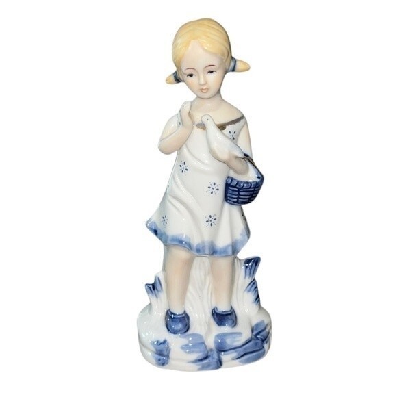 Vintage 1960s Porcelain Hand-painted Figurine Girl in Pigtails w/ Dove & Basket - Picture 1 of 12